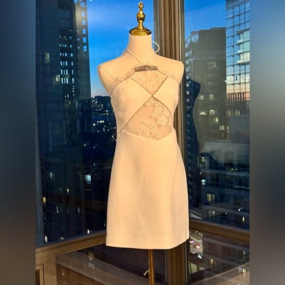 🆕 SELF PORTRAIT 🧿 NWOT White Crepe Halterneck Mini Dress, Sz UK 8 / US 4 - Picture 3 of 16